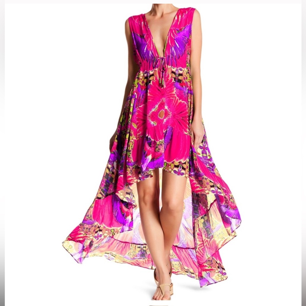 NWT Shahida Parides Tropical Floral Hot Pink High Low Asymmetrical Dress